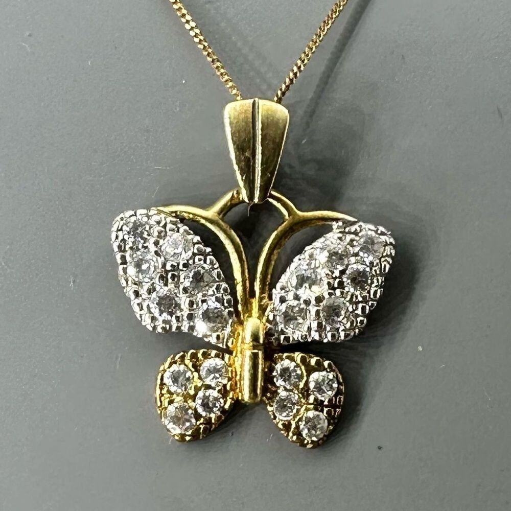 Yellow Gold Butterfly Pendant Necklace with Sparkling Pave Set Stones 17” 9k